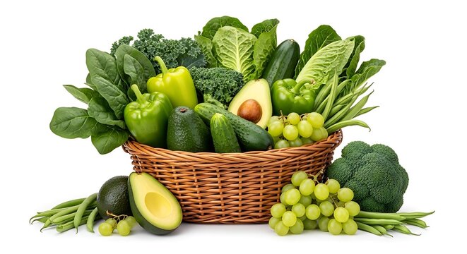 Abundant basket overflowing with fresh green vegetables and fruits including bell peppers avocados cucumbers kale spinach grapes and broccoli - Powered by Adobe