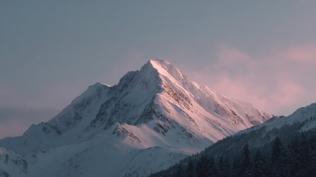 Landscape photograph of a snowy mountain peak. the mountain is covered in a thick layer of snow and has a jagged, jagged peak in the center.