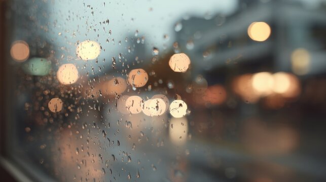 Close-up of a window with raindrops on it. the raindrops are scattered across the glass, creating a textured pattern. - Powered by Adobe