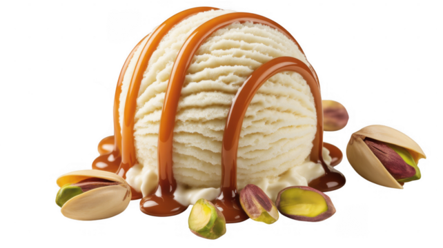 Vanilla ice cream scoop with caramel and pistachios isolated on a transparent background