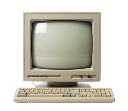 Vintage beige computer monitor and keyboard isolated on a transparent background