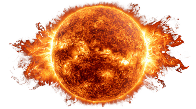 Bright, fiery sun with solar flares against a black background, emphasizing the sun's energy and power in the universe.