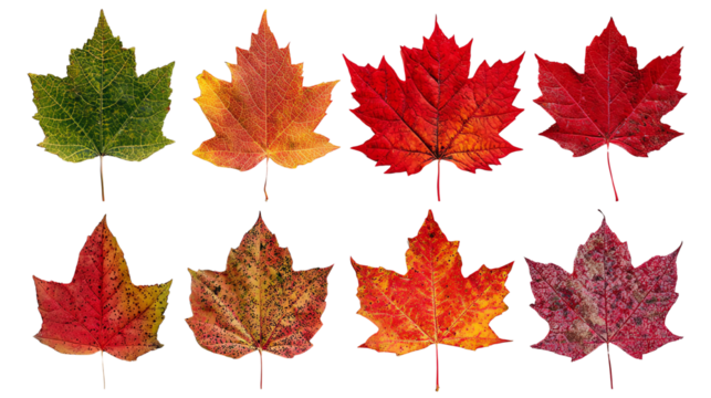 A collection of vibrant autumn maple leaves showcasing various colors from green to deep red, isolated on a white background, perfect for seasonal themes and nature designs.