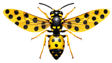 An artistic depiction of a vivid, polka-dotted bee with yellow and black coloration. The insect is captured in detailed resolution against a white isolated background.