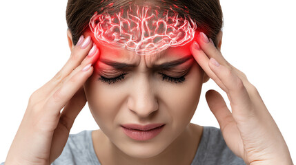 A woman with a pained expression, holding her head in discomfort, illustrating the concept of headache or migraine