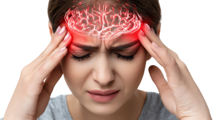A woman with a pained expression, holding her head in discomfort, illustrating the concept of headache or migraine