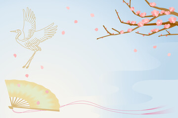Japanese New Year Template with Plum Branch, Crane and Fan