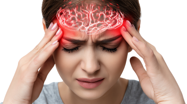 A woman with a pained expression, holding her head in discomfort, illustrating the concept of headache or migraine