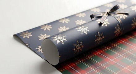 Dark blue wrapping paper with gold snowflakes and plaid paper with red green and white stripes gift