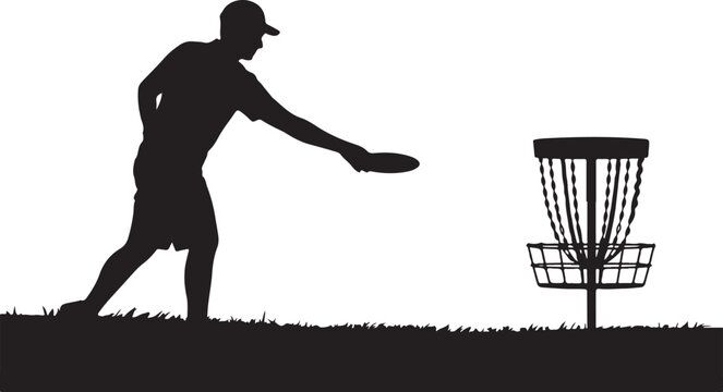 Disc golf player throwing a disc in the basket