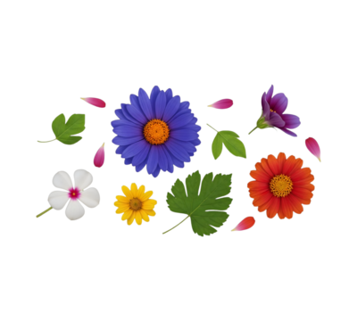 Collection of colorful flower blossoms and green leaves isolated floral arrangement flat lay design for spring and summer themes