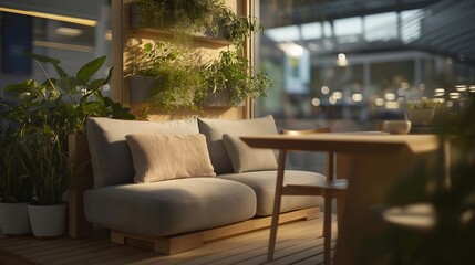 Fototapeta premium A tiny house living room with a space-efficient convertible sofa that unfolds into a dining booth, surrounded by wall-mounted planters and warm LED lighting — modular tiny home furniture,