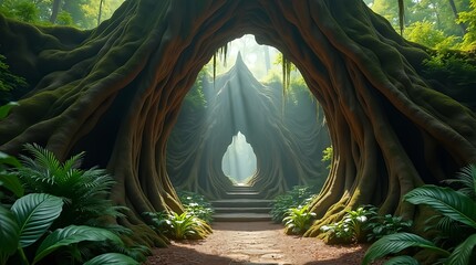 Enchanting forest passage with ancient tree roots forming a natural archway, leading to a sunlit clearing
