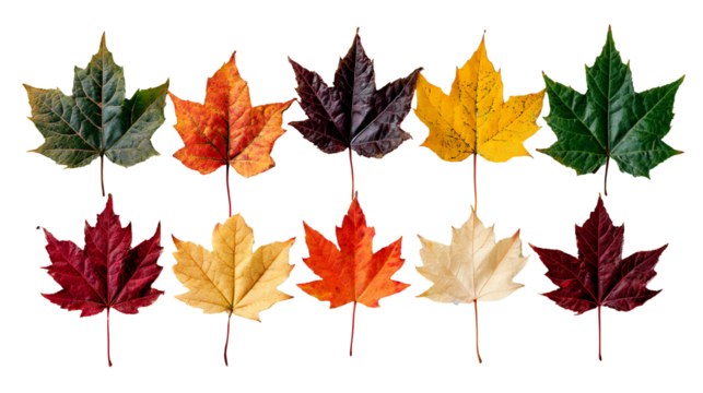 A beautiful assortment of colorful autumn leaves, showcasing shades of green, yellow, orange, red, and brown against a white background, perfect for seasonal decor or nature themes