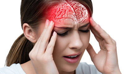 A young woman experiencing a headache, holding her head with pain, with a highlighted brain area to symbolize discomfort.