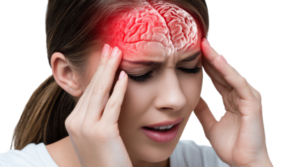 A young woman experiencing a headache, holding her head with pain, with a highlighted brain area to symbolize discomfort.