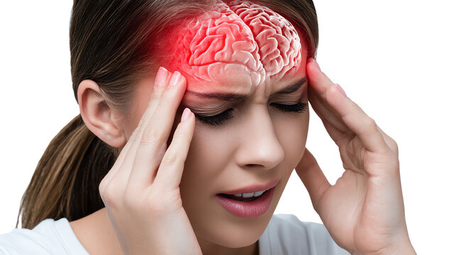 A young woman experiencing a headache, holding her head with pain, with a highlighted brain area to symbolize discomfort.