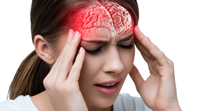 A young woman experiencing a headache, holding her head with pain, with a highlighted brain area to symbolize discomfort.