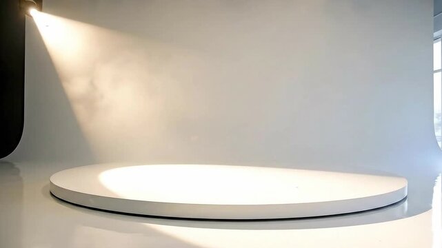 An empty white studio with a cyclorama background a circular platform and a single spotlight illuminating the space