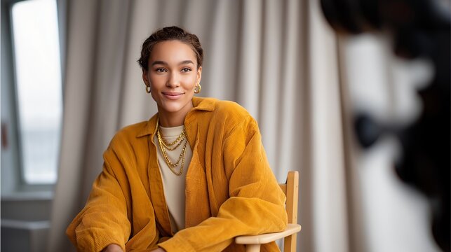An eco-conscious influencer filming a “second-hand haul” in a bright room, showcasing thrifted outfits and sharing styling tips while promoting circular consumption — digital sustainability