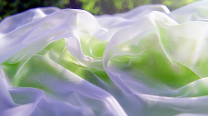 A close-up view of delicate, sheer fabric draped and folded, with soft light filtering through, creating a gentle gradient of white, lavender, and light green.