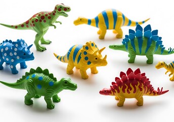 Naklejka premium Colorful toy dinosaurs isolated on white background, perfect for kids play