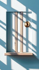 Geometric shadows from sunlight fall across a textured wall, highlighting wooden bars and a brass doorknob.