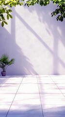 Sunlight and shadow patterns create a serene atmosphere on a white wall and tiled floor, with lush green leaves framing the top.