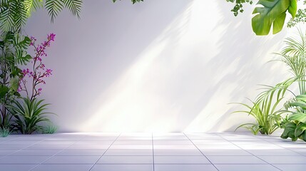 A bright, minimalist scene featuring a white wall bathed in sunlight, adorned with vibrant green plants and delicate purple flowers, set against a tiled floor.