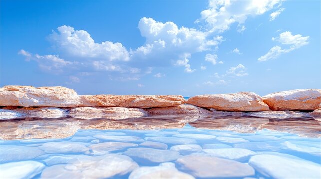 A serene natural landscape featuring a clear body of water with visible stones, a rocky edge, and a bright blue sky with scattered clouds.