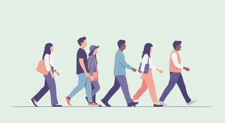 Obraz premium Diverse group of young people walking in a single line illustration.
