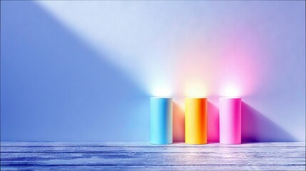 Three cylindrical lights in blue, orange, and pink emit soft glows against a textured wall, with a diagonal light beam illuminating the left side.
