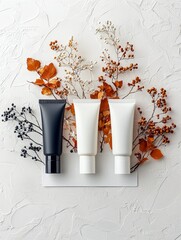Cosmetic tubes displayed with natural elements like dried leaves and berries, suggesting a skincare or beauty product.
