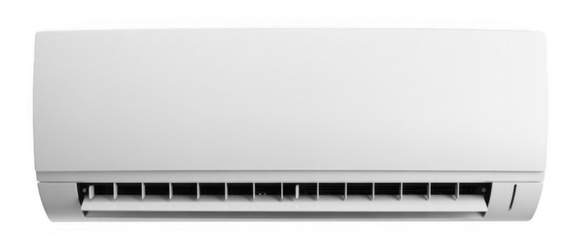 White air conditioner unit with louvers isolated on a transparent background