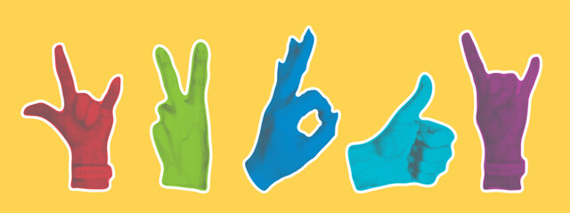 Female hands set. Retro halftone effect. Woman hand with positive gestures Pop art style. Bright modern elements for collaging, vector graphics