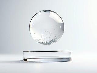 A clear, spherical object filled with tiny bubbles hovers above a shallow, transparent glass dish, set against a clean, minimalist background.