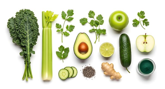 Flat lay of fresh green vegetables and fruits including kale celery avocado cucumber apples lime ginger chia seeds and spirulina powder