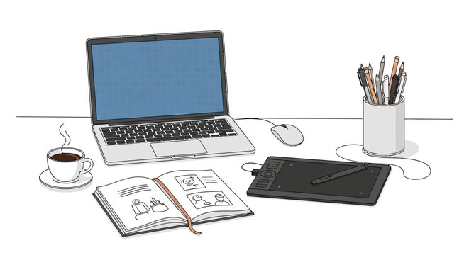 Digital workspace setup showcasing creative tools and coffee, laptop and sketchbook and graphic