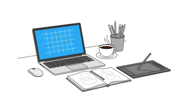 Creative workspace setup with a laptop, graphic tablet and coffee for inspiration and development