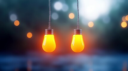 Two bright yellow light bulbs hang suspended by chains, emitting a warm glow against a dark, blurred background with soft, out-of-focus circles of light.