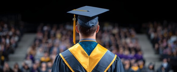 Graduate wearing cap beams with pride facing crowd at heartfelt ceremony.
