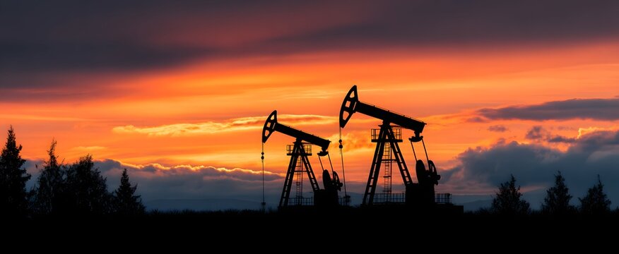 Oil pumpjacks stand out against a stunning sunset sky glowing with fiery colors
