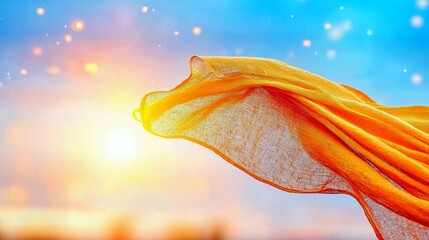 A piece of flowing orange fabric is caught by the wind, illuminated by a bright sun against a backdrop of a clear blue sky with scattered bokeh lights.