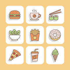 Nine Food Icons in Thin Outline Minimal Style