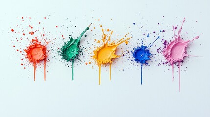 A dynamic arrangement of colorful paint splatters, each a unique explosion of liquid color, creating an abstract and energetic composition.