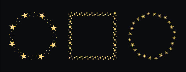 Shining starry golden frames for holiday designs. Round rims and square shapes. Blank metallic gold borders. Vector elements
