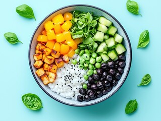A colorful and healthy poke bowl is presented with sections of rice, pan-fried tofu, diced yellow bell peppers, chopped cucumber, green peas, and fresh blueberr