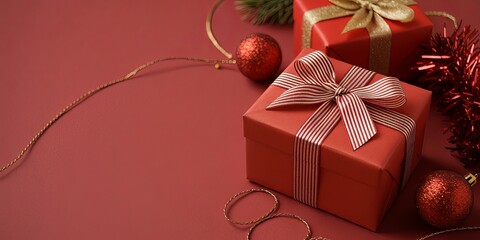 Luxuriously Wrapped Christmas Gift Box with Velvet Ribbon on Rustic Wooden Surface