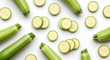 Fresh green zucchini whole and sliced arranged on a white background vegetable food