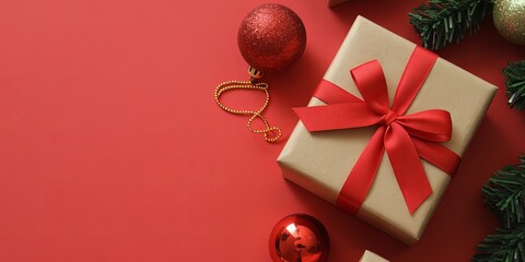 Luxuriously Wrapped Christmas Gift Box with Velvet Ribbon on Rustic Wooden Surface